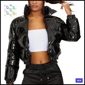 Cropped Puffer Jacket Shiny Zip Up Winter Coat Chic Y2K Bubble Style